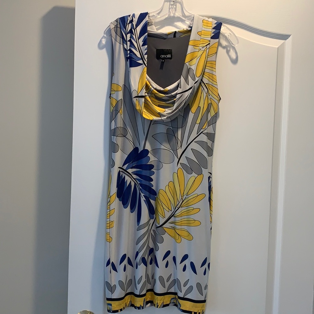 Blue & Yellow Floral Cowl Neck Lined Dress